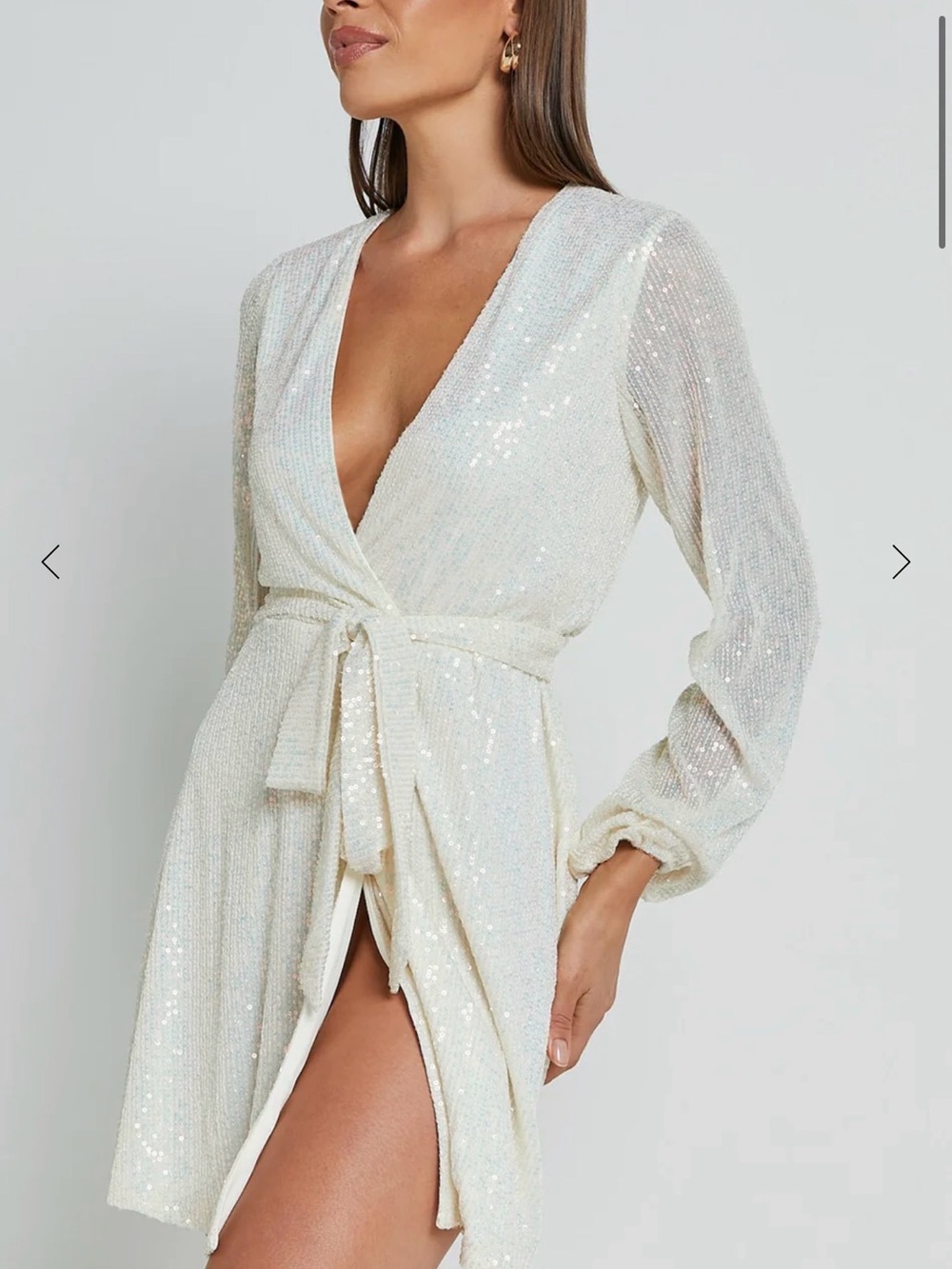Showpo Cream Sequin Wrap Mini Dress